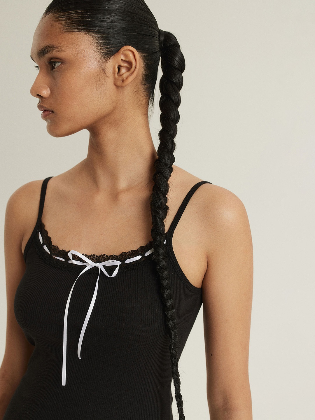 

H&M Tie-Detail Lace-Trimmed Strappy Top, Black