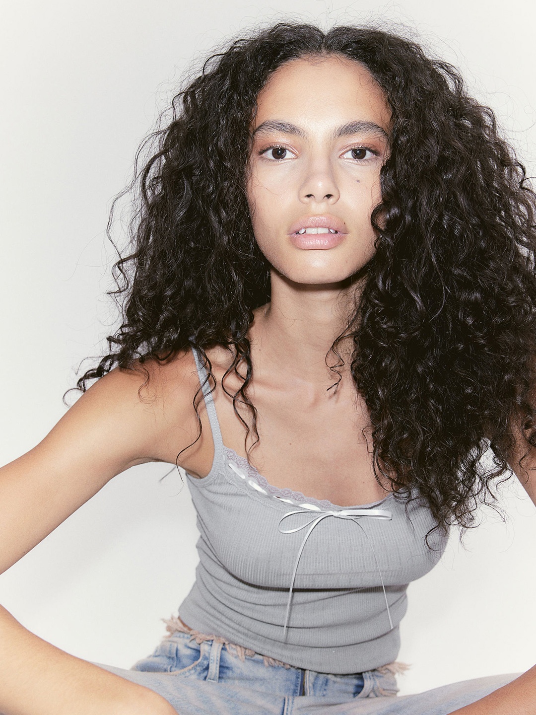 

H&M Tie-Detail Lace-Trimmed Strappy Top, Grey