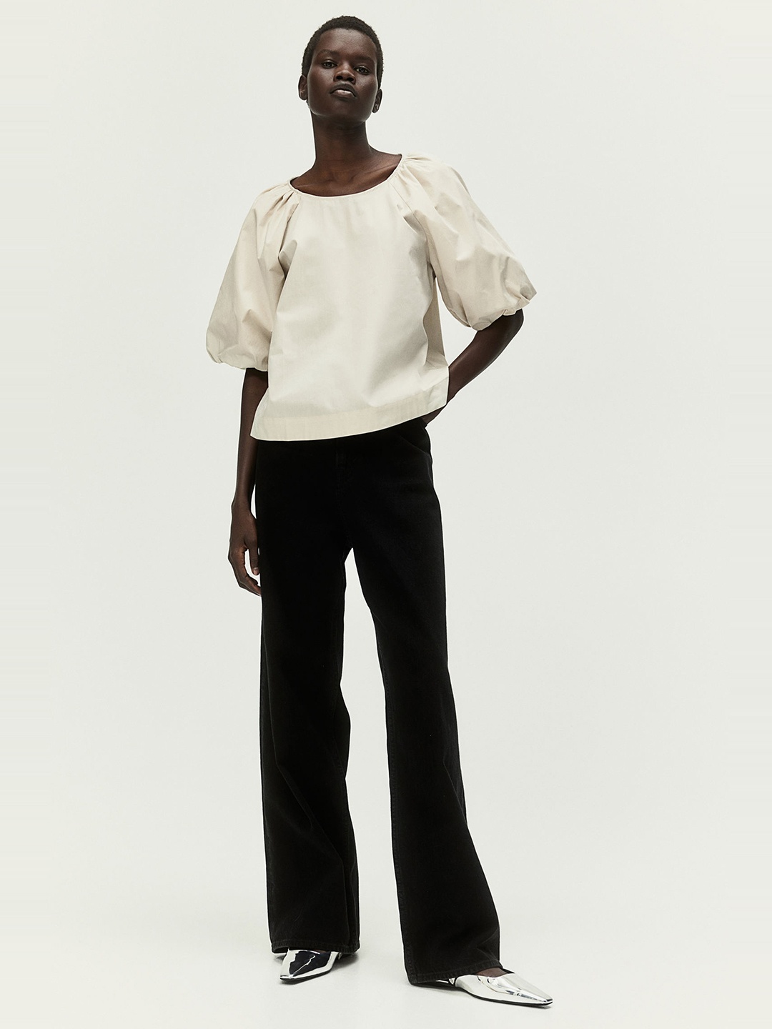 

H&M Pure Cotton Puff-Sleeved Blouse, Beige