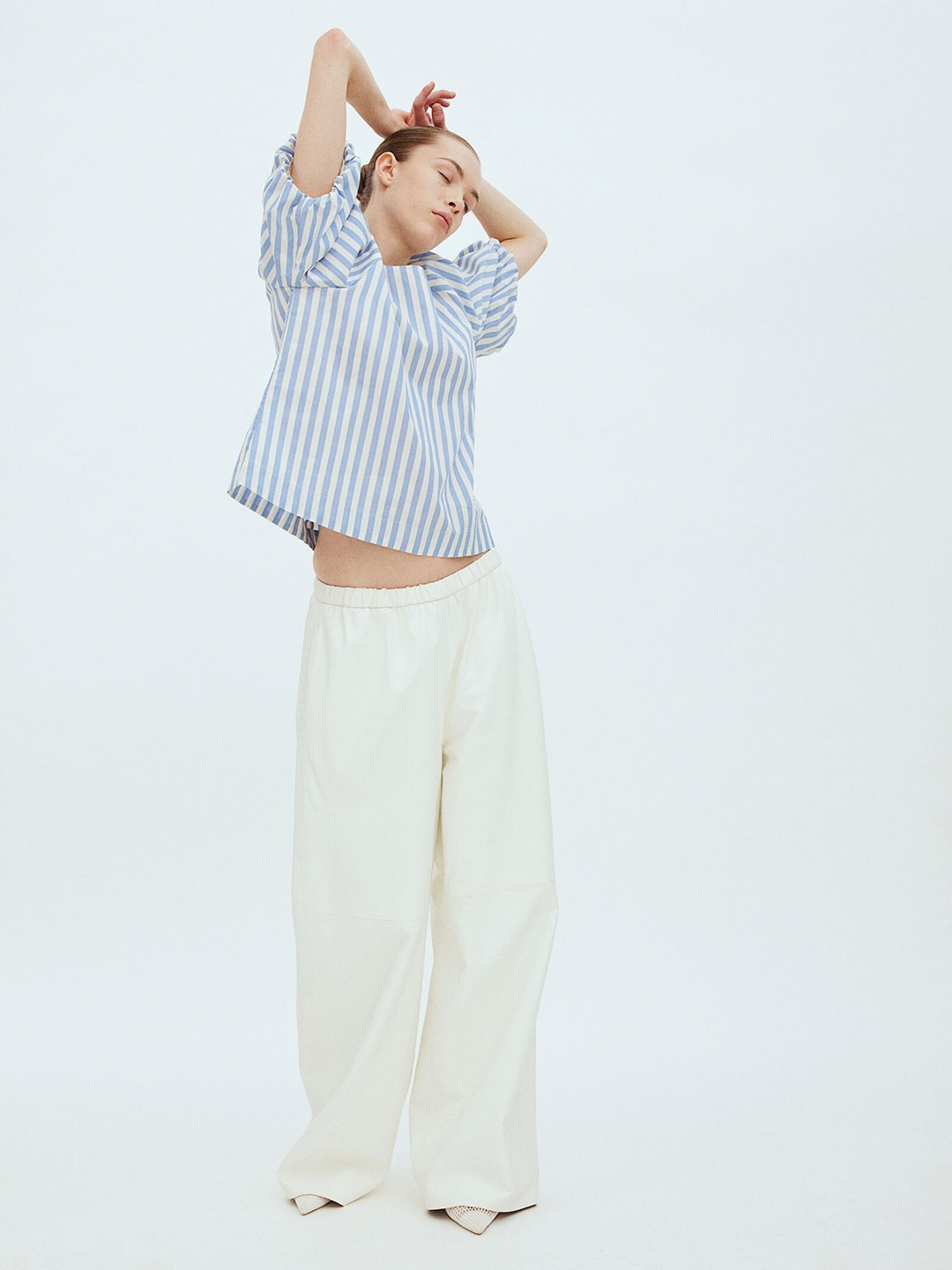 

H&M Pure Cotton Puff-Sleeved Blouse, Blue