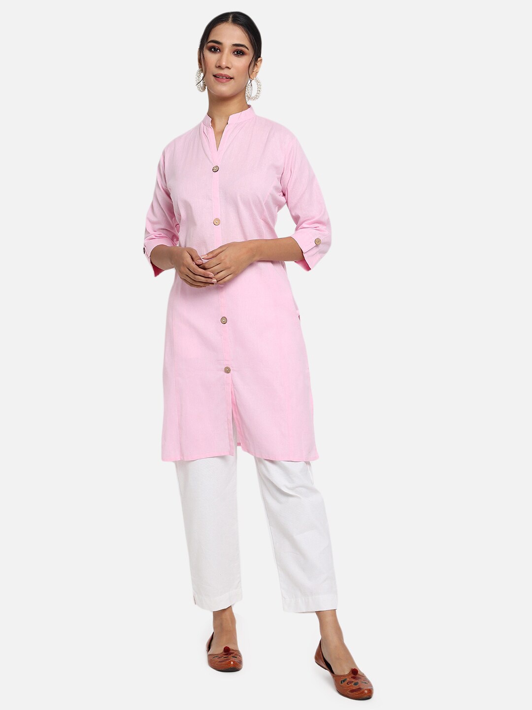 

KALINI Mandarin Collar Roll-Up Sleeves Cotton Straight Kurta, Pink