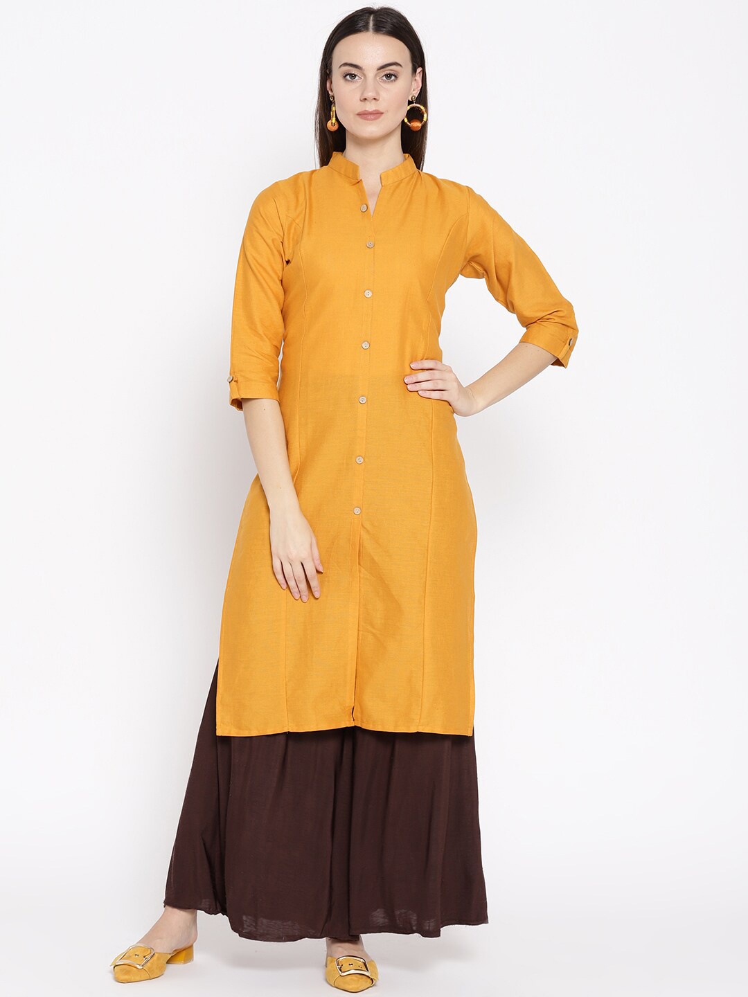 

KALINI Mandarin Collar Roll-Up Sleeves Cotton Straight Kurta, Mustard