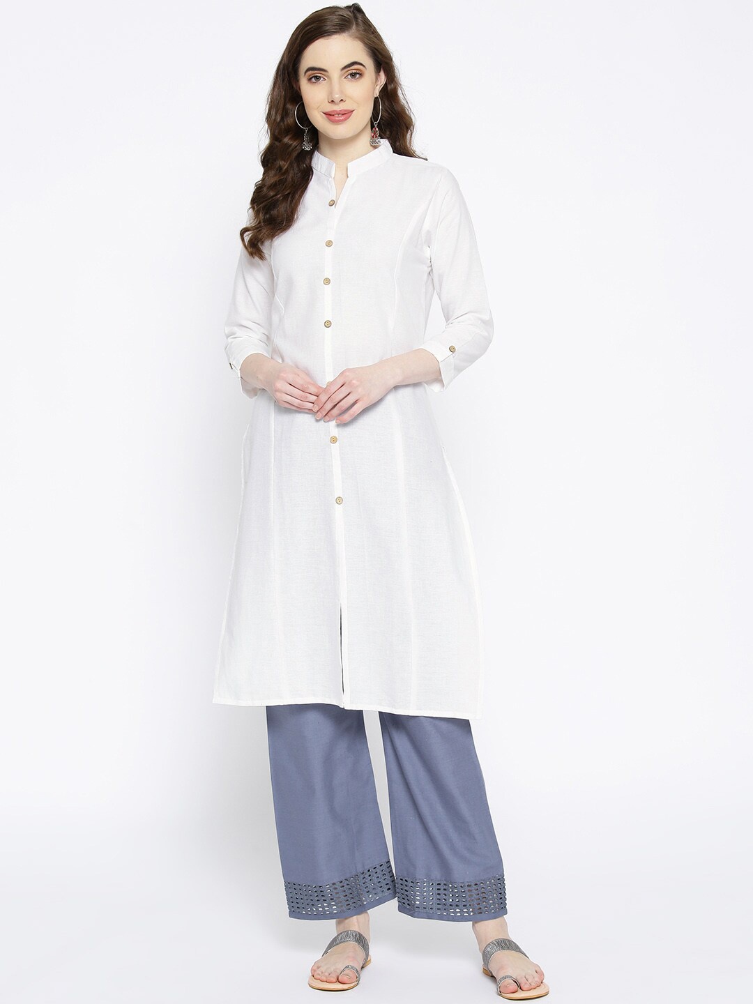 

KALINI Mandarin Collar Straight Cotton Kurta, White