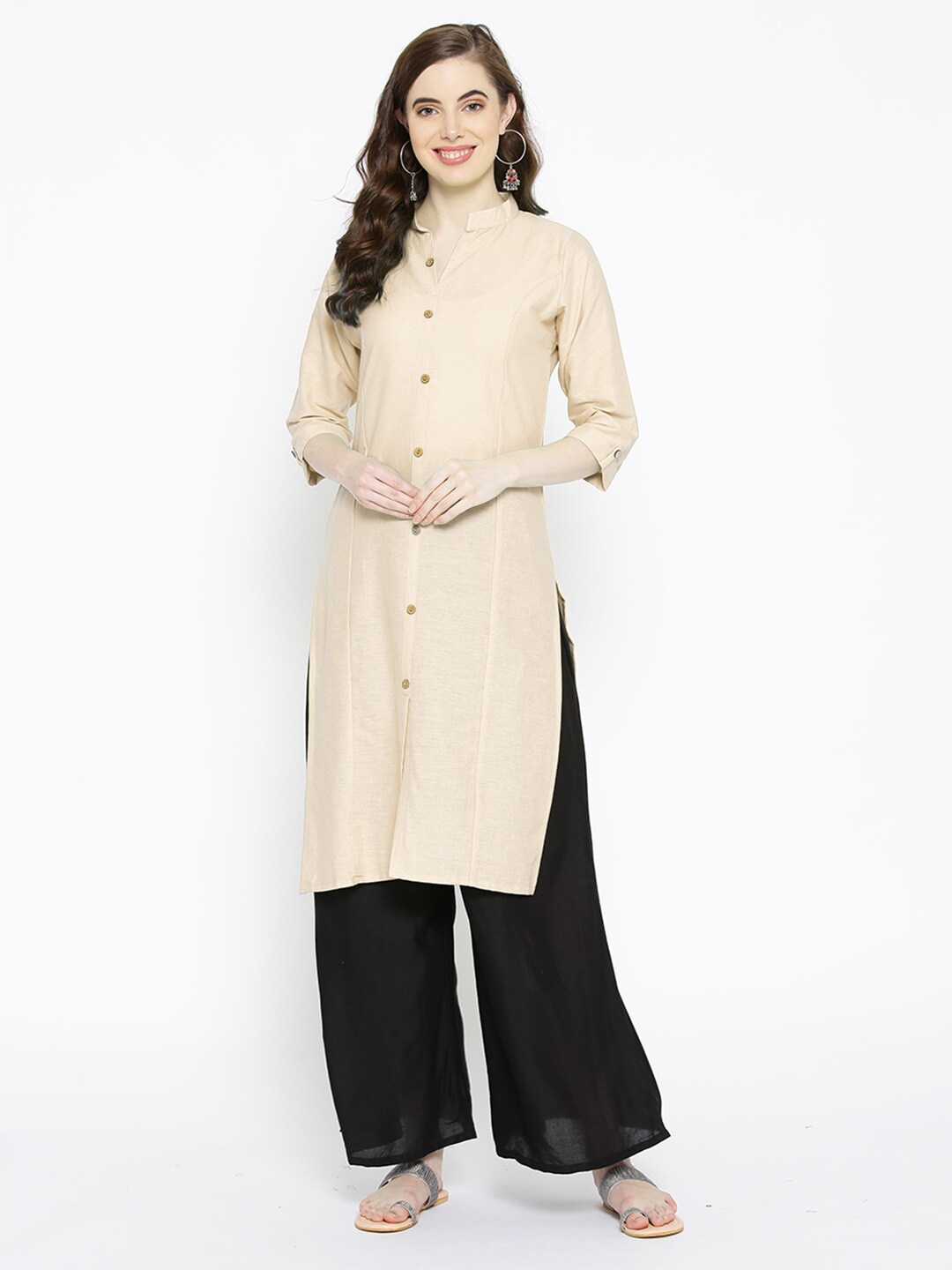 

KALINI Mandarin Collar Pure Cotton Straight Kurta, Khaki