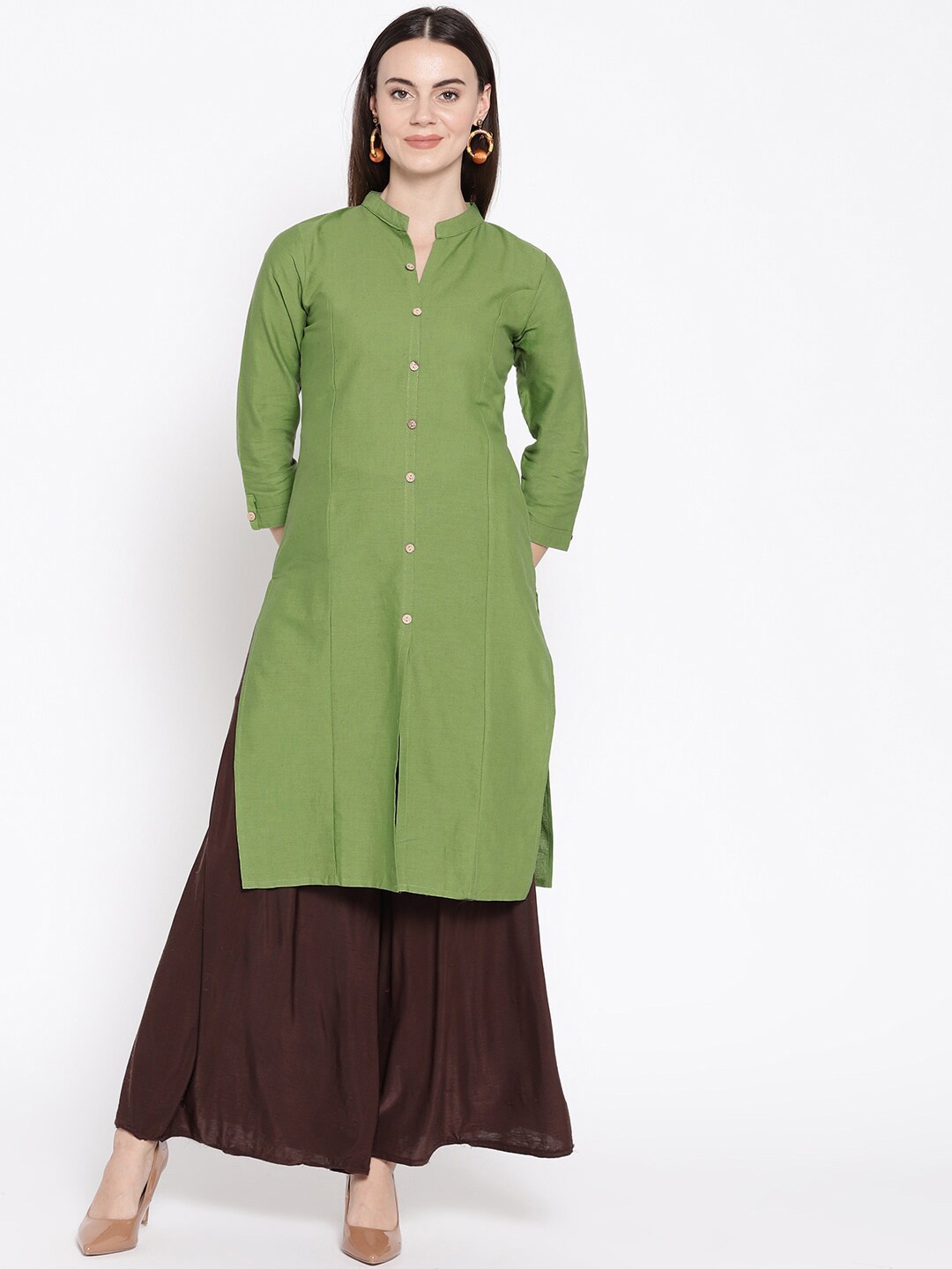 

KALINI Cotton Mandarin Collar Roll-Up Sleeves Straight Kurta, Green