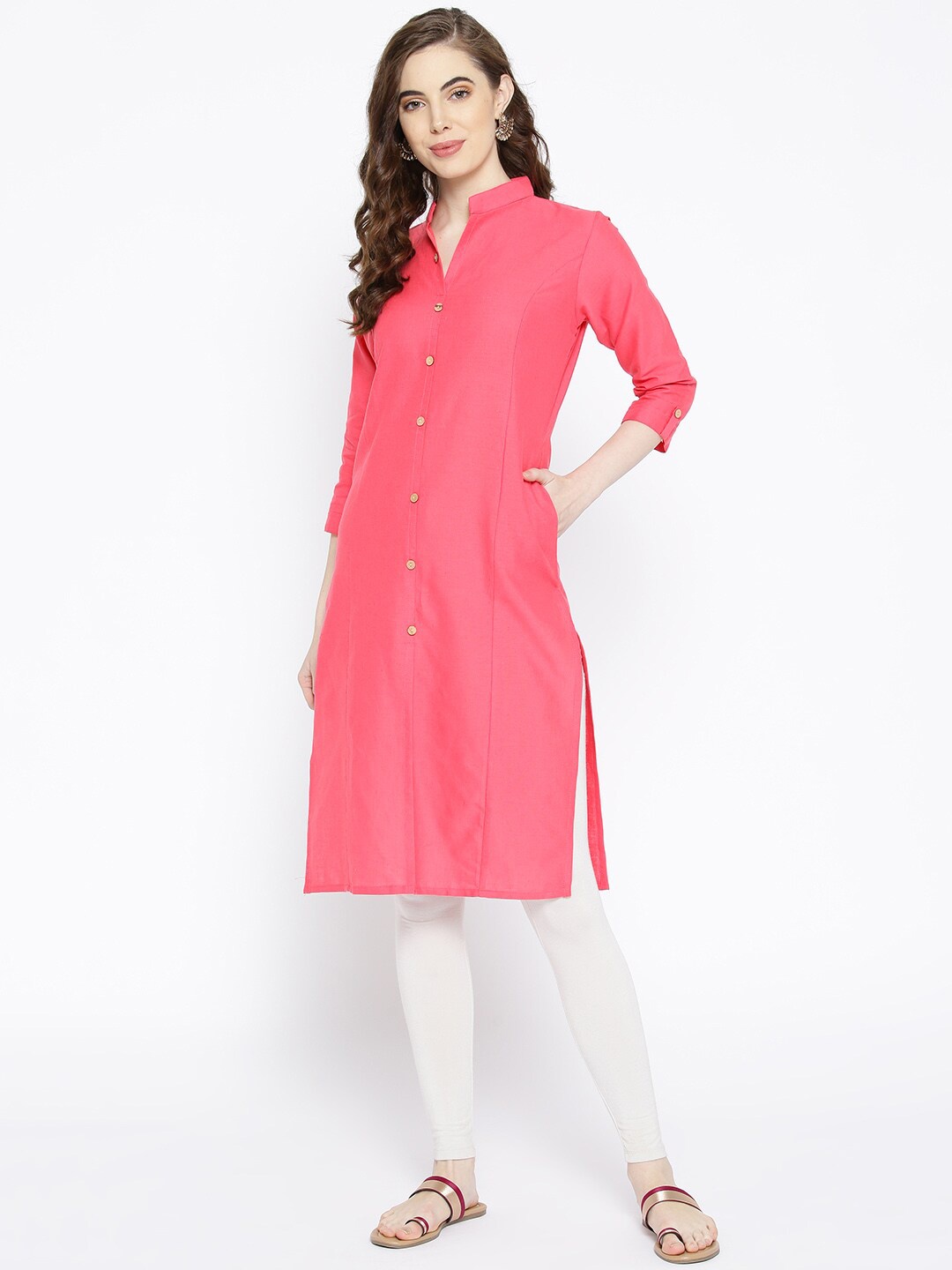 

KALINI Mandarin Collar Straight Cotton Kurta, Pink