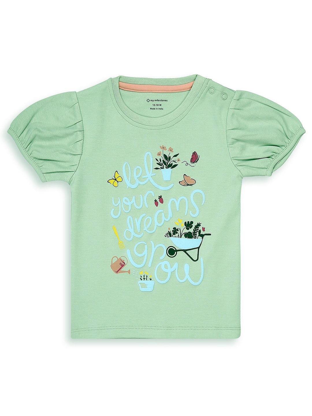

My Milestones Girls Typography Printed Round Neck Pure Cotton T-shirt, Green
