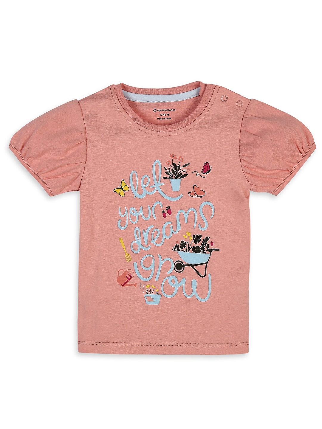 

My Milestones Girls Typography Printed Round Neck Pure Cotton T-shirt, Peach