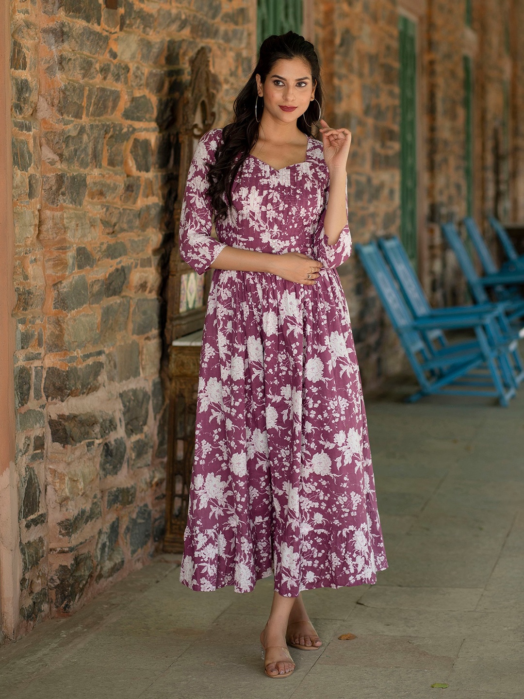 

Nayo Floral Printed Sweetheart Neck Pleated Cotton Fit and Flare Midi Dress, Mauve