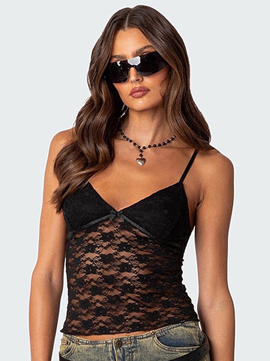 

LULU & SKY Self Design Shoulder Straps Top, Black