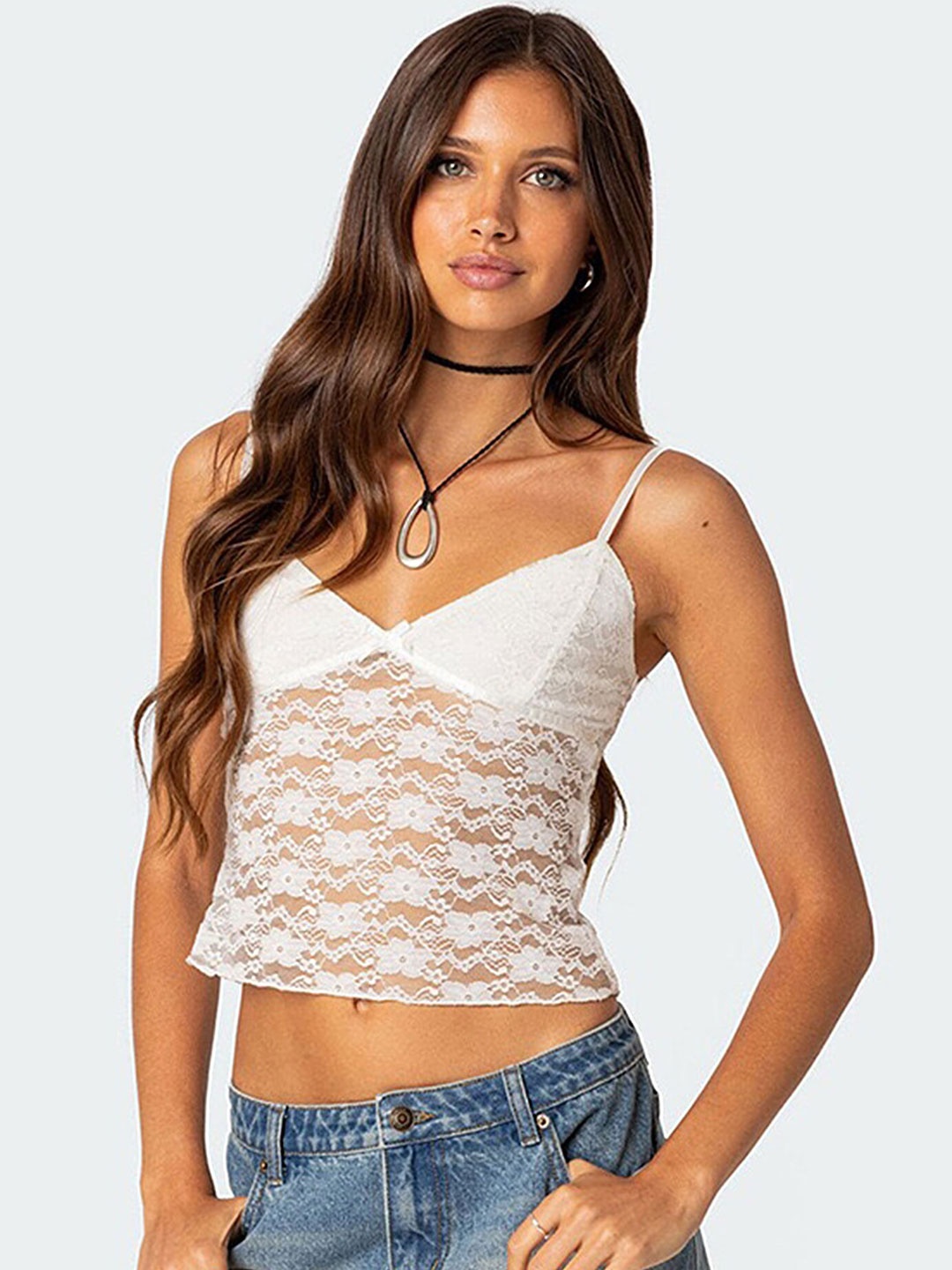 

LULU & SKY Self Design Shoulder Straps Fitted Crop Top, White
