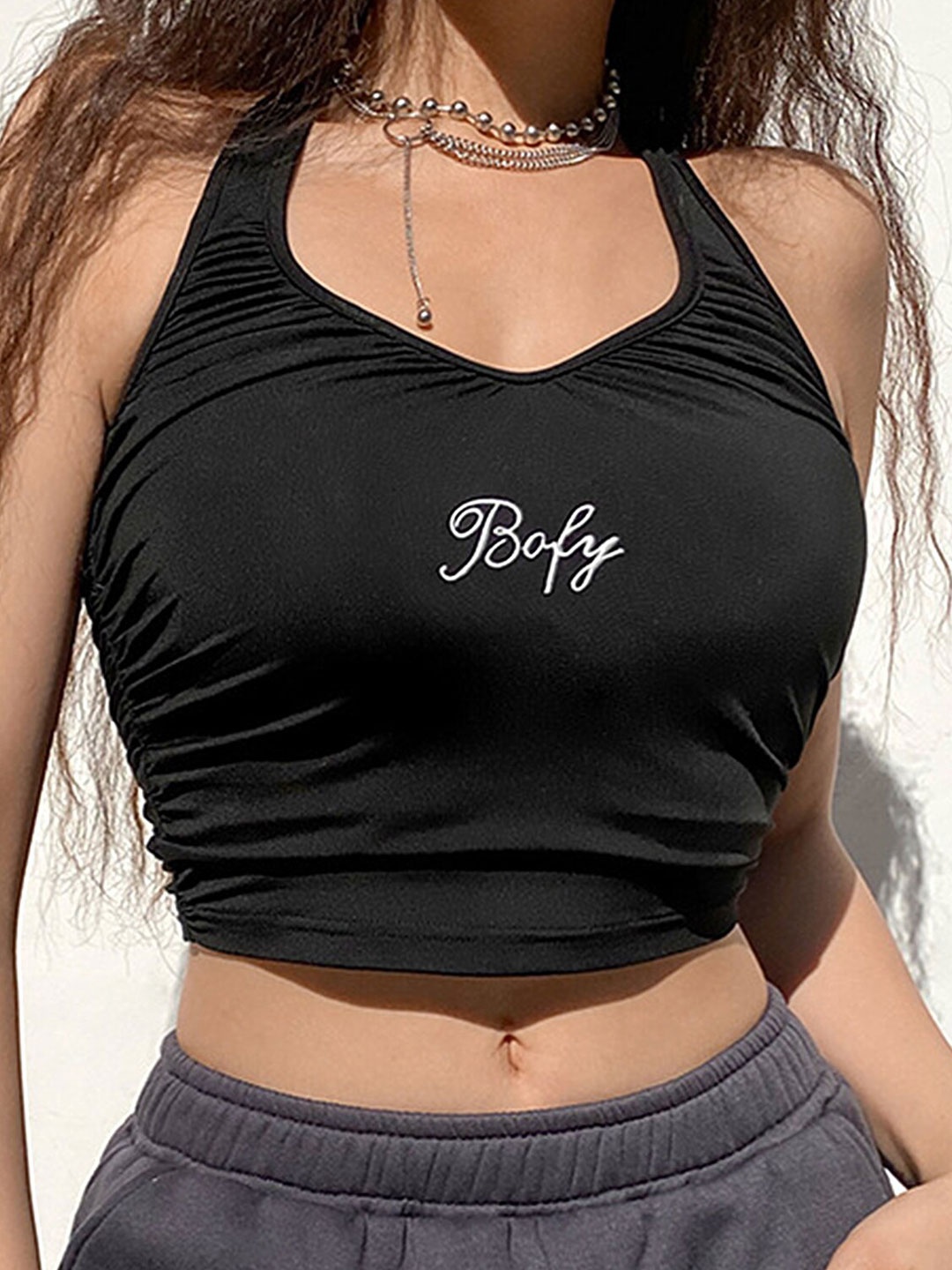

LULU & SKY Typography Printed Halter Neck Tank Crop Top, Black