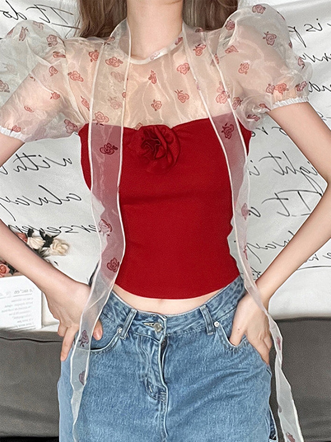 

LULU & SKY Round Neck Puff Sleeves Fitted Crop Top, Red