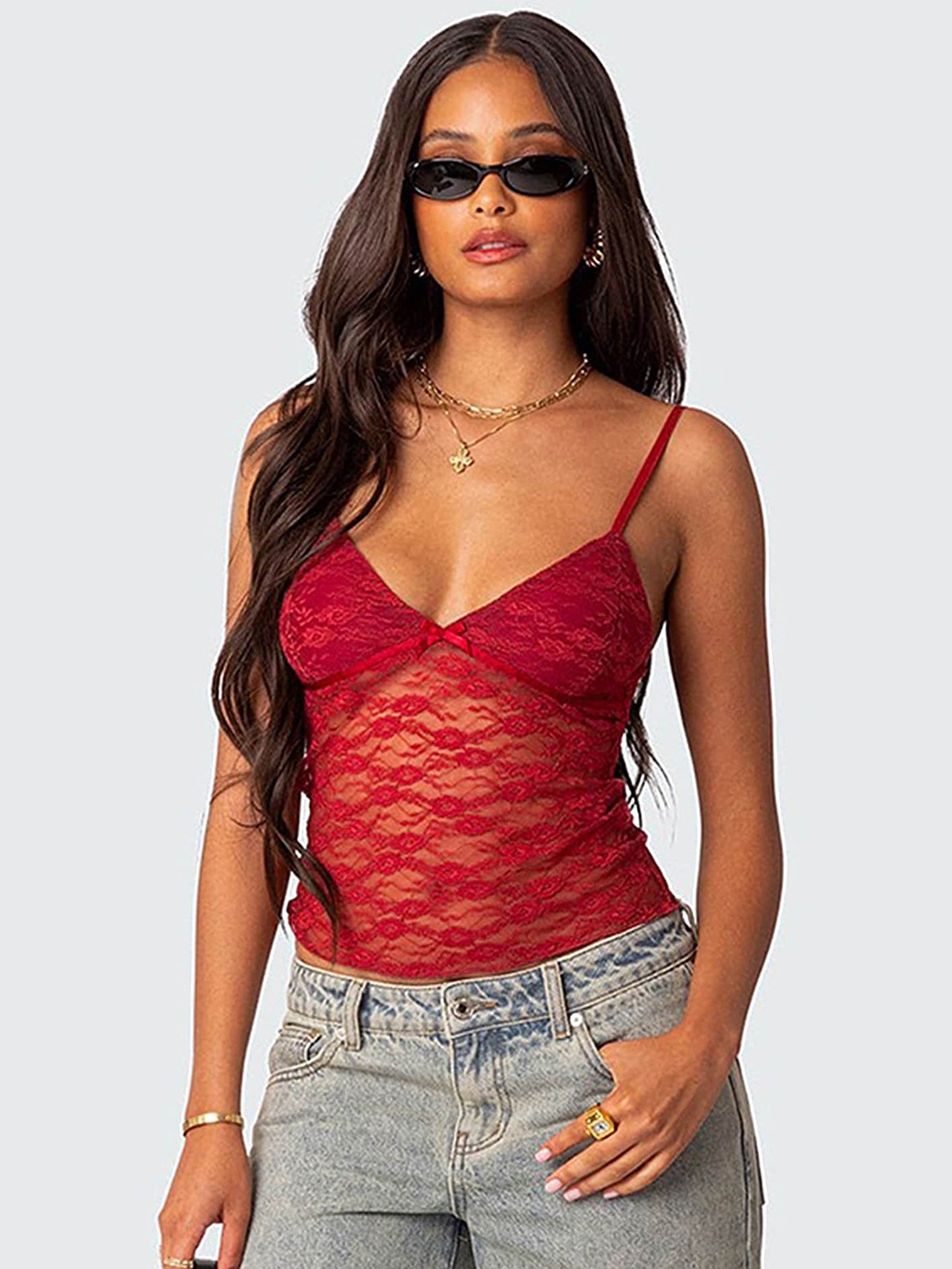 

LULU & SKY Self Design Fitted Sheer Lace Top, Red