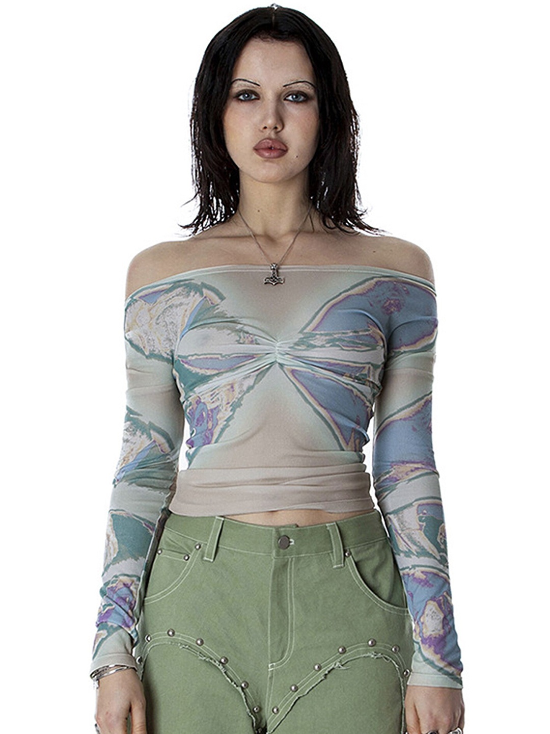 

LULU & SKY Abstract Printed Off Shoulder Sheer Bardot Crop Top, Blue