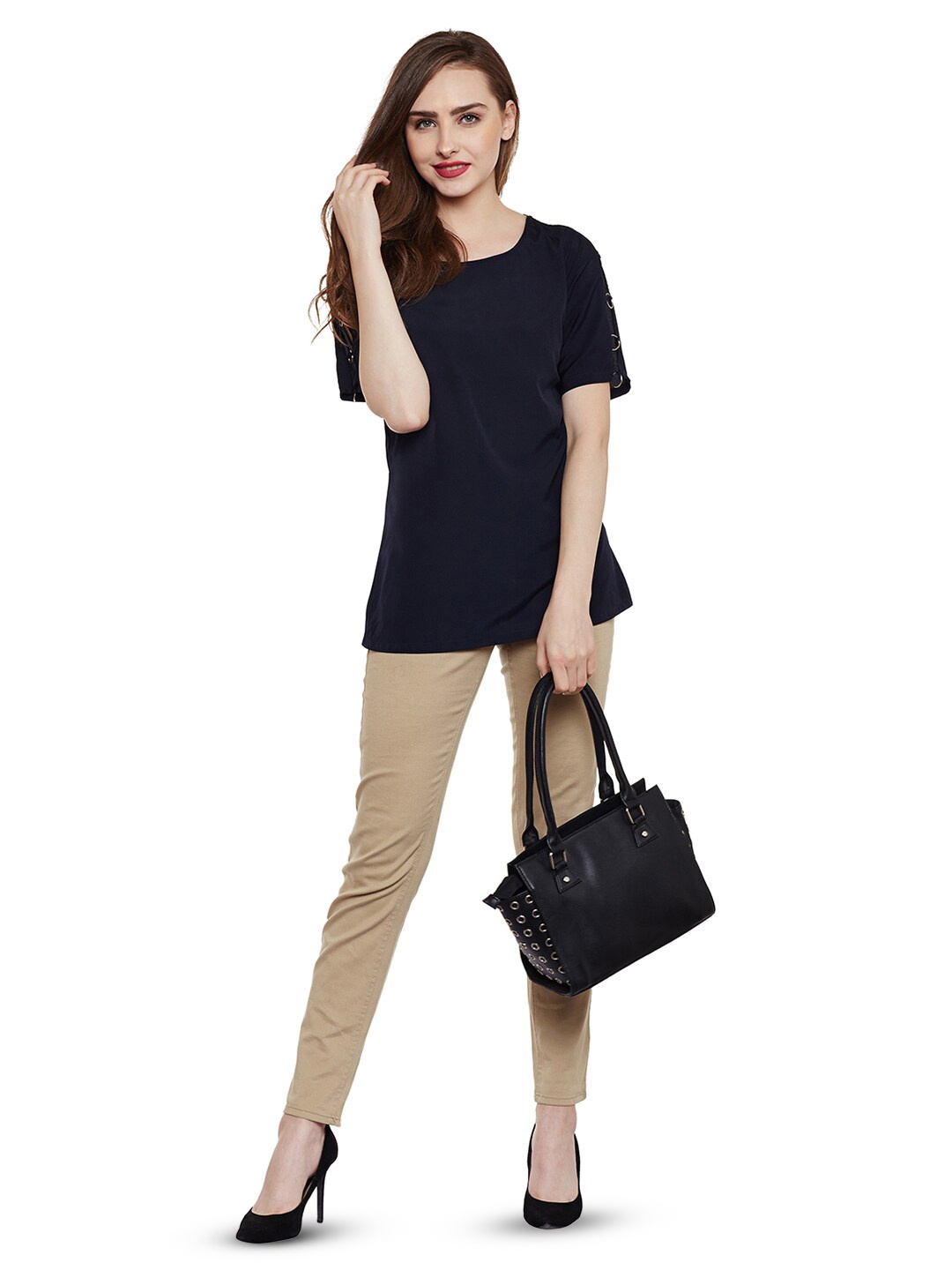 

WISSTLER Round Neck Cold Shoulder Sleeves Crepe Top, Navy blue