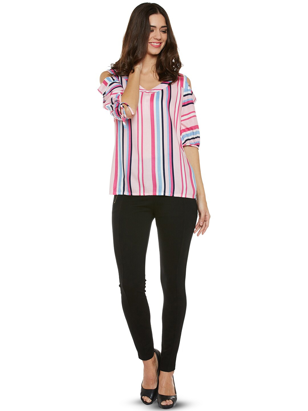 

WISSTLER Striped Cold-Shoulder Top, Pink