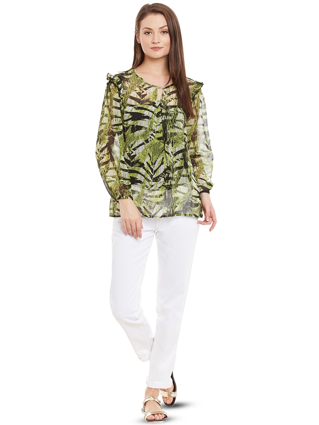 

WISSTLER Abstract Print Keyhole Neck Puff Sleeve Ruffles Georgette Top, Green