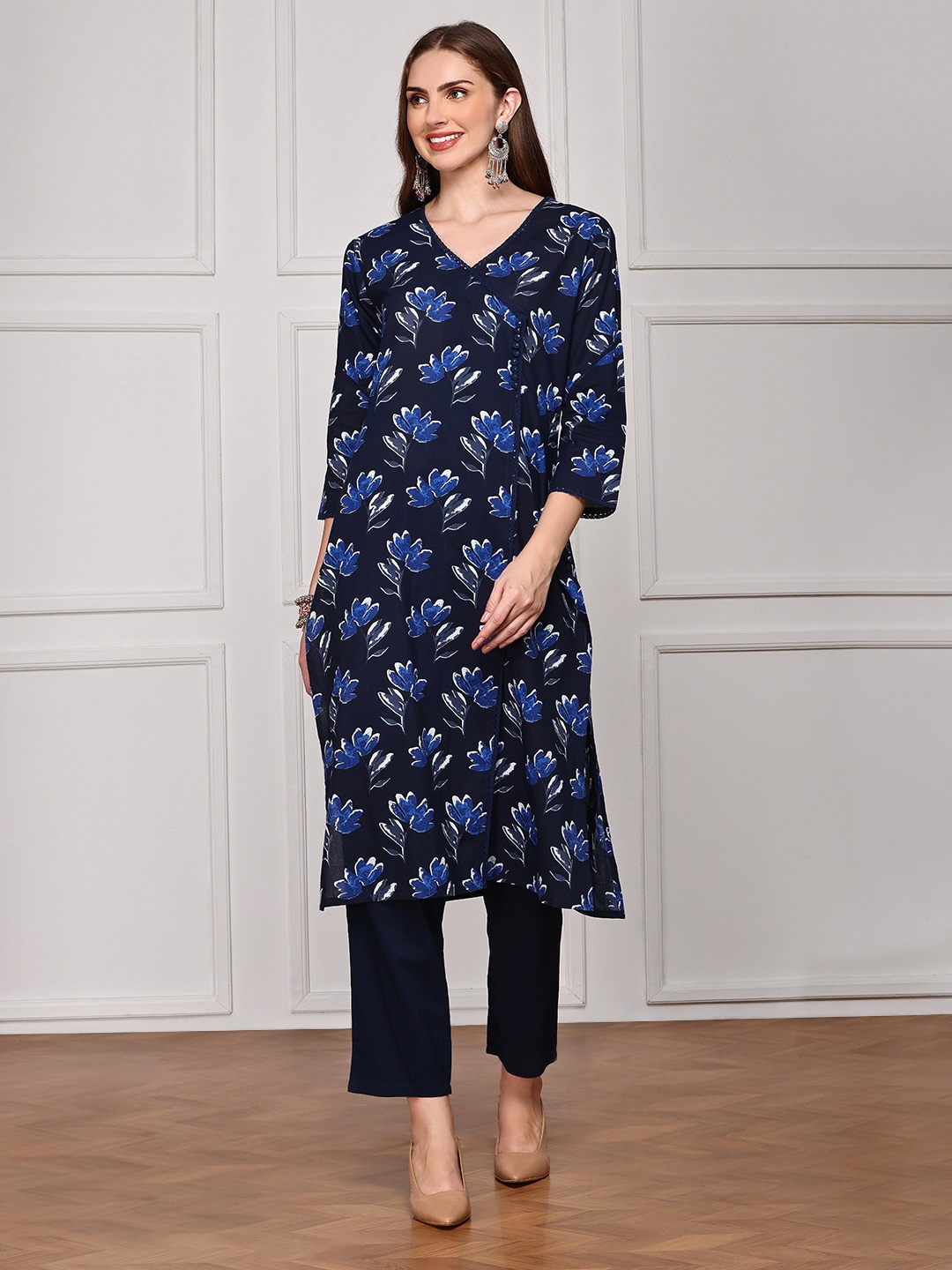 

Ishin Blue Floral Printed Angrakha V-Neck Pure Cotton Straight A-Line Kurta With Trouser, Navy blue