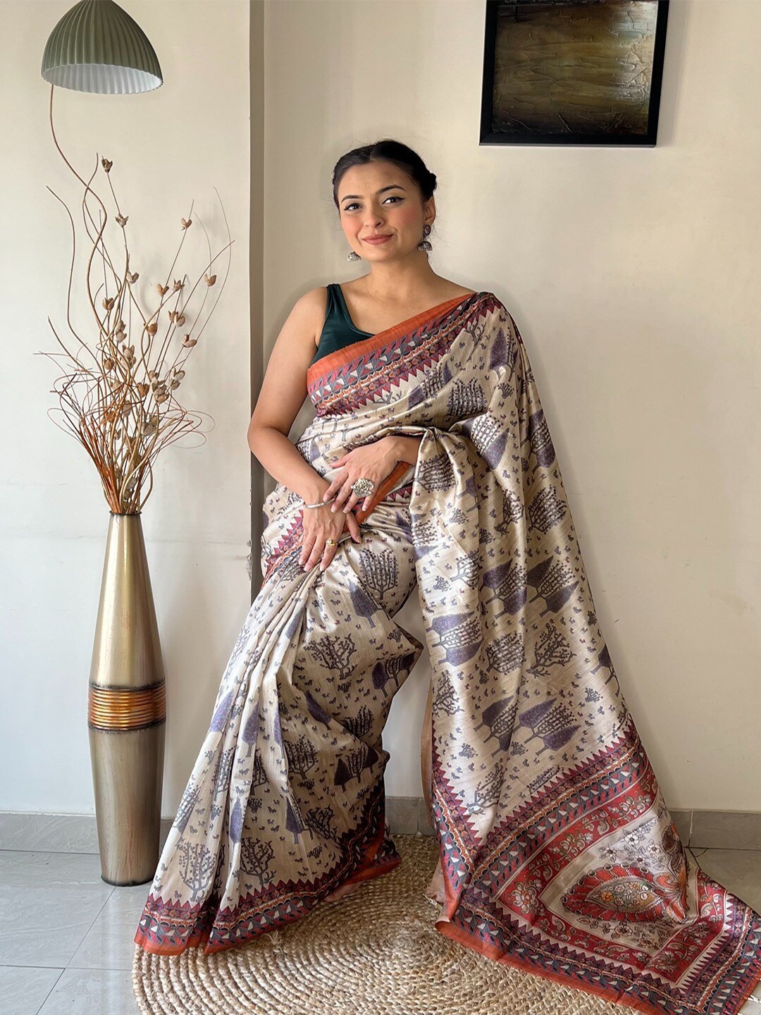 

SGF11 Kalamkari Printed Silk Cotton Chanderi Saree, Orange