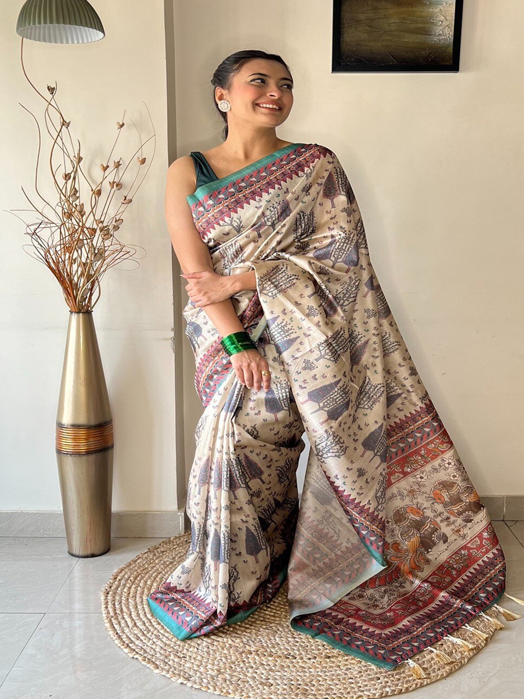 

SGF11 Kalamkari Printed Silk Cotton Chanderi Saree, Blue