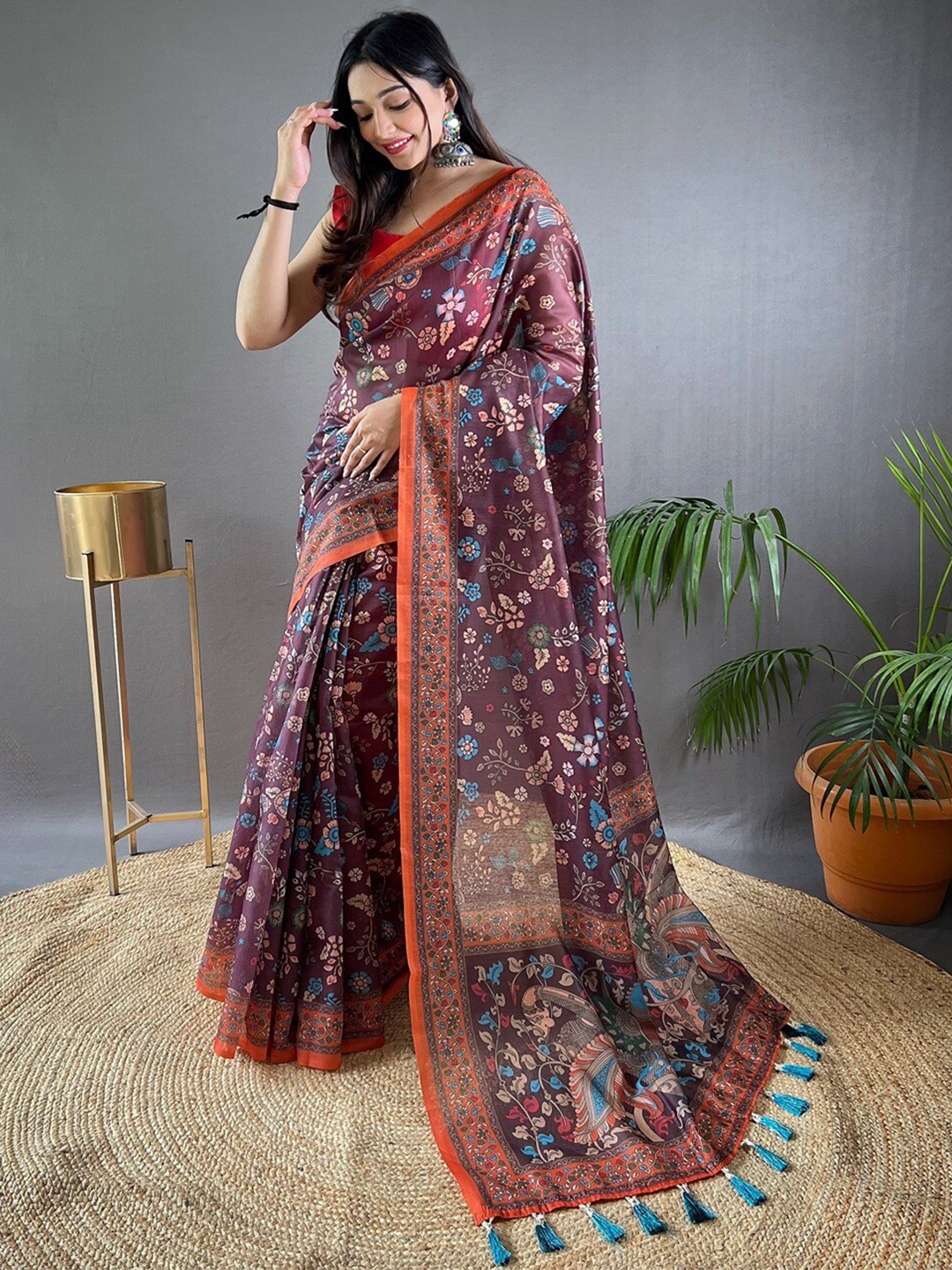 

SGF11 Kalamkari Printed Silk Cotton Chanderi Saree, Purple