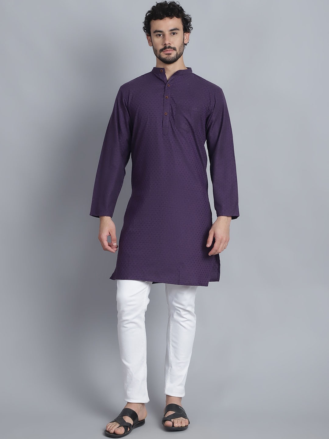 

Aarsha Geometric Woven Design Mandarin Collar Long Sleeves Cotton Straight Kurta, Purple