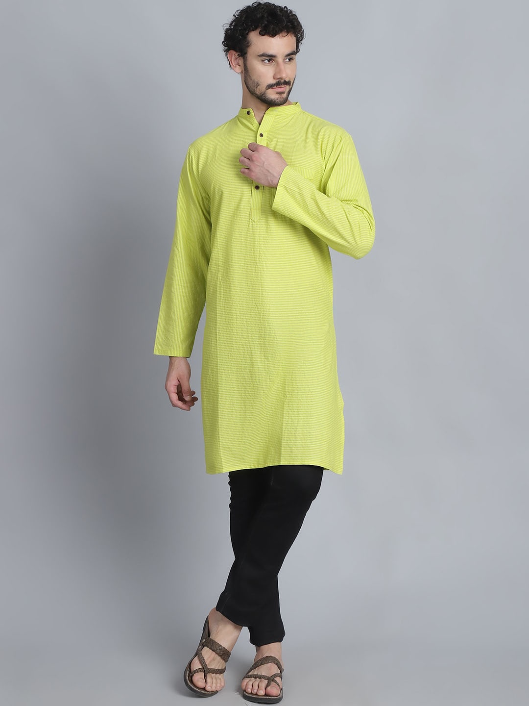 

Aarsha Striped Thread Work Pure Cotton Straight Kurta, Lime green