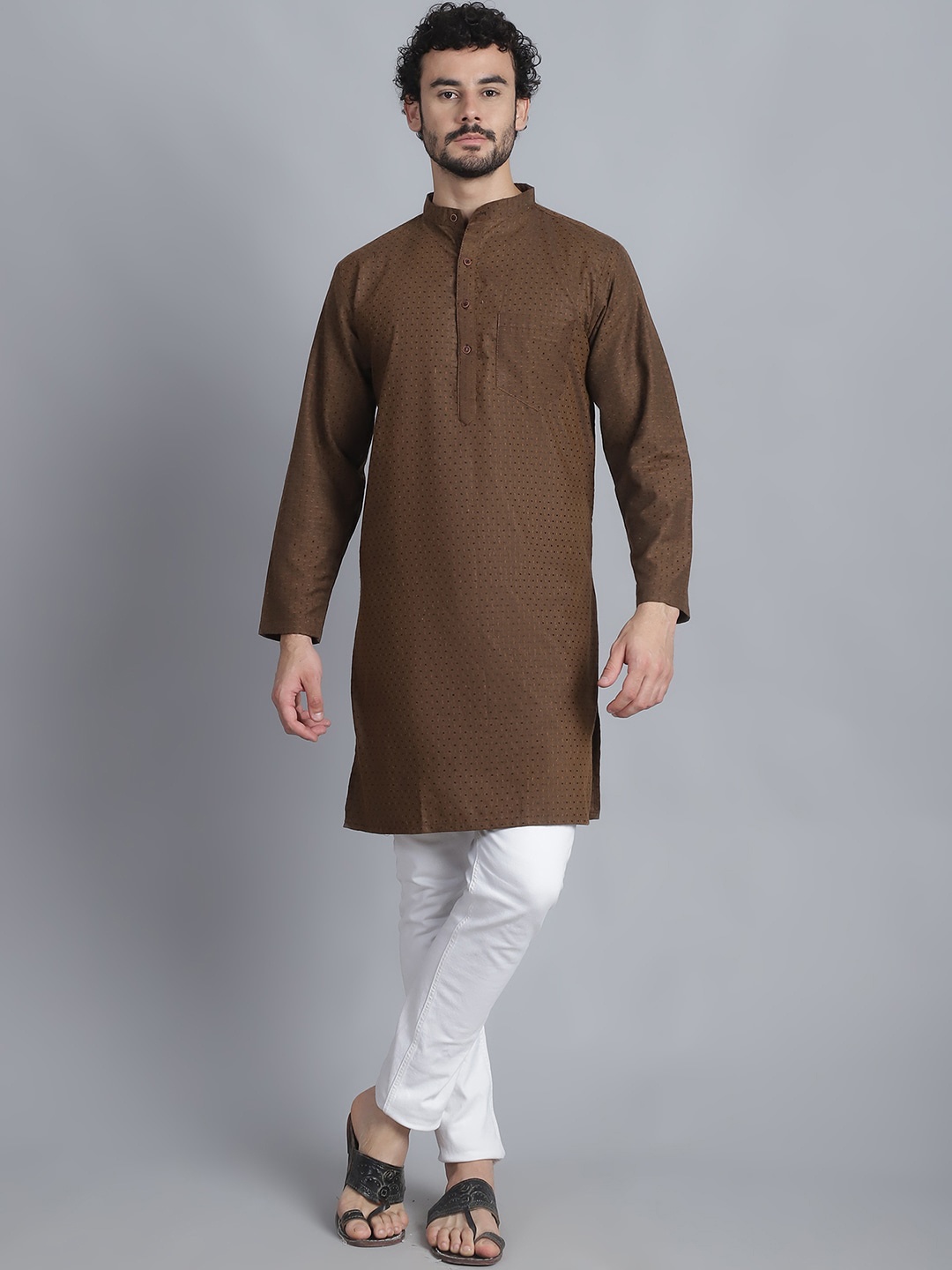 

Aarsha Geometric Woven Design Mandarin Collar Long Sleeves Cotton Straight Kurta, Brown