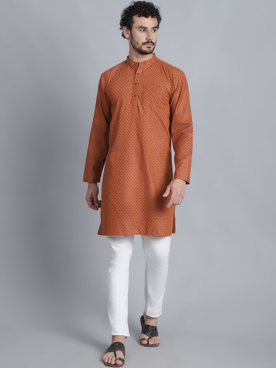 

Aarsha Geometric Woven Design Mandarin Collar Long Sleeves Cotton Straight Kurta, Rust