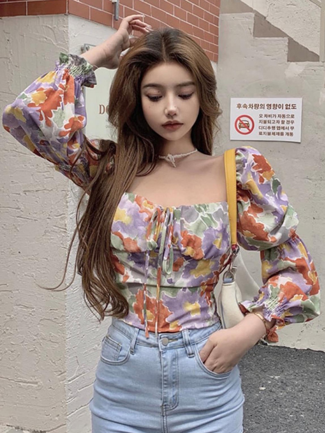 

LULU & SKY Floral Printed Square Neck Puff Sleeve Top, Purple