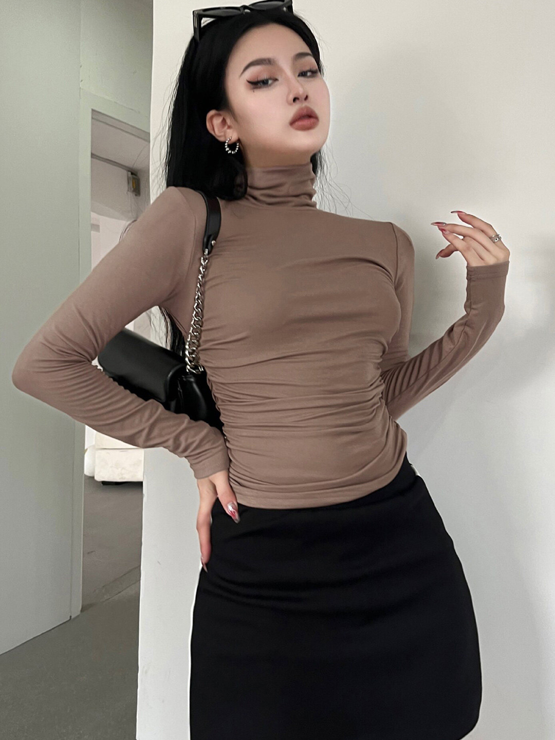 

LULU & SKY High Neck Long Sleeves Fitted Top, Khaki