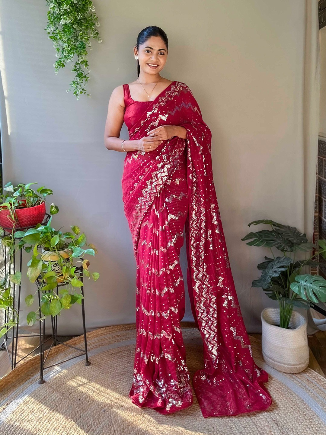 

Mitera Red Embellished Sequinned Saree