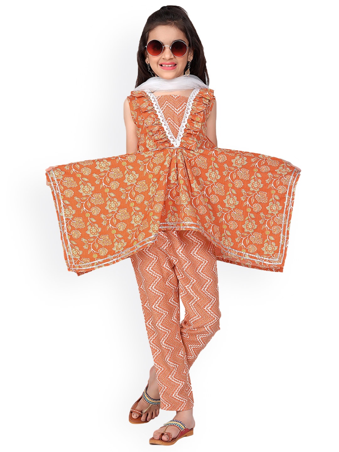 

BAESD Girls Floral Printed Regular A-Line Kurta With Trousers & Dupatta, Orange