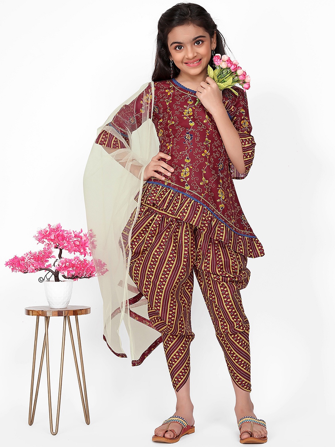 

BAESD Girls Floral Printed Regular A-Line Kurti With Dhoti Pants & Dupatta, Maroon