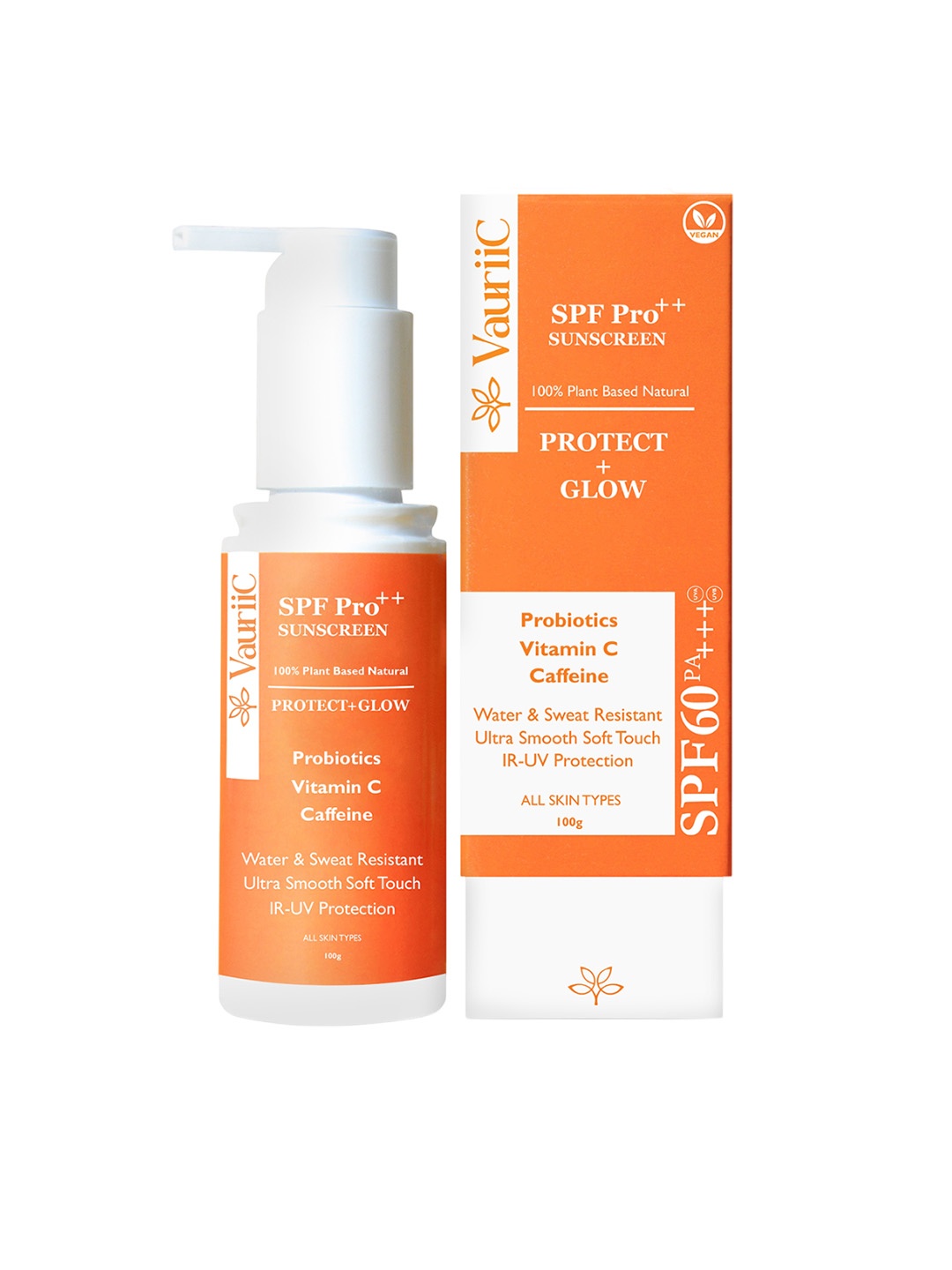 

VauriiC Protect Glow SPF 60 PA+++ Sunscreen Lotion with Probiotics Vit C Caffeine - 100g, Orange