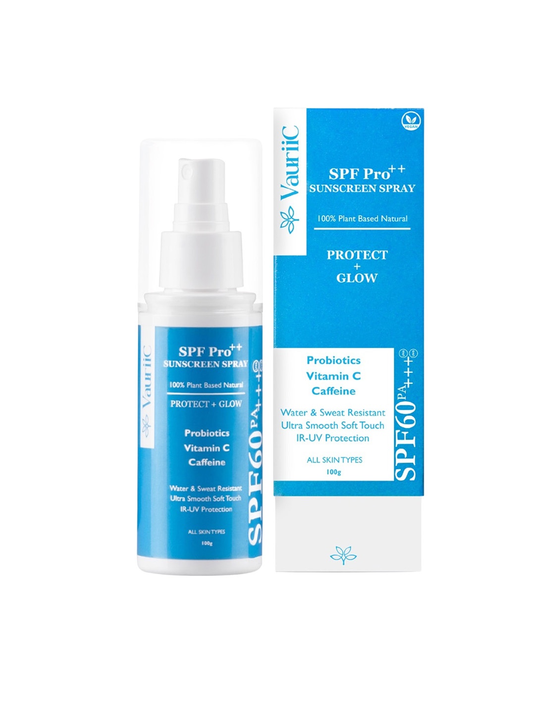 

VauriiC Protect Glow SPF 60 PA+++ Sunscreen Spray with Probiotics Vit C Caffeine - 100g, Blue