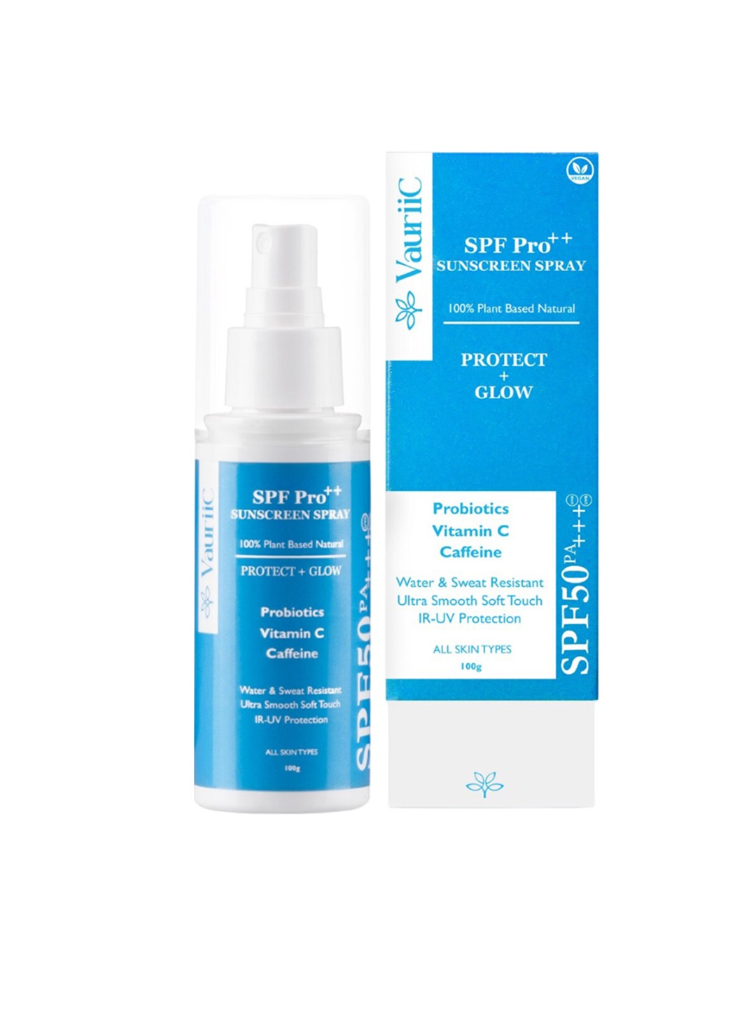 

VauriiC Protect & Glow SPF 50 PA+++ Sunscreen Spray with Probiotics Vit C Caffeine - 100g, Blue