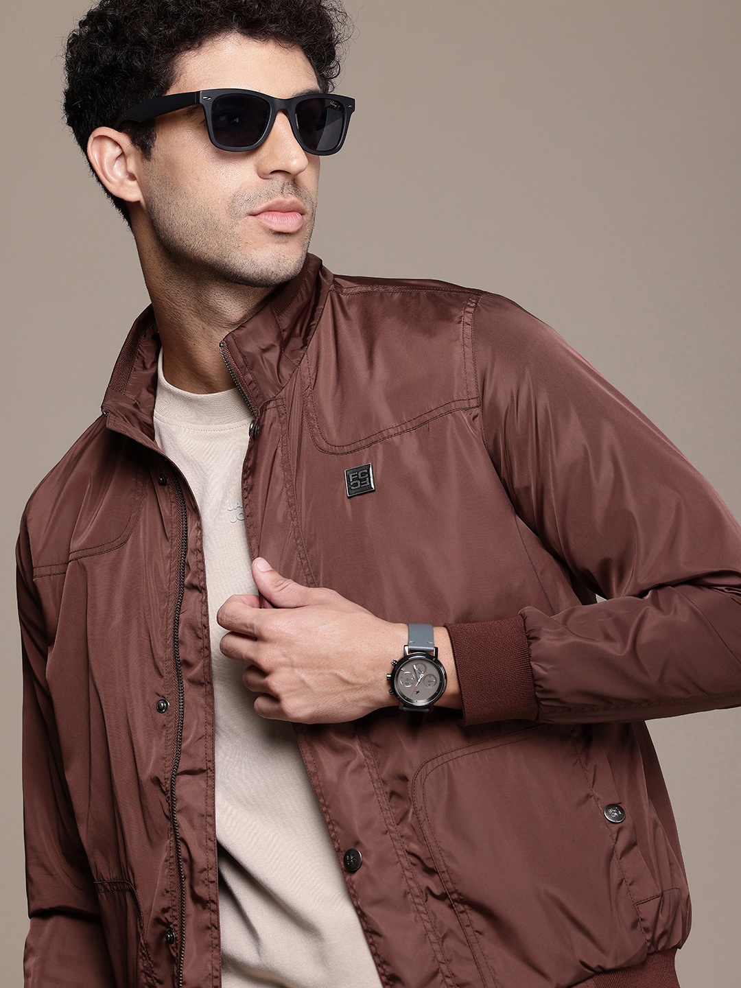 

French Connection Mock Collar Bomber Jacket, Burgundy