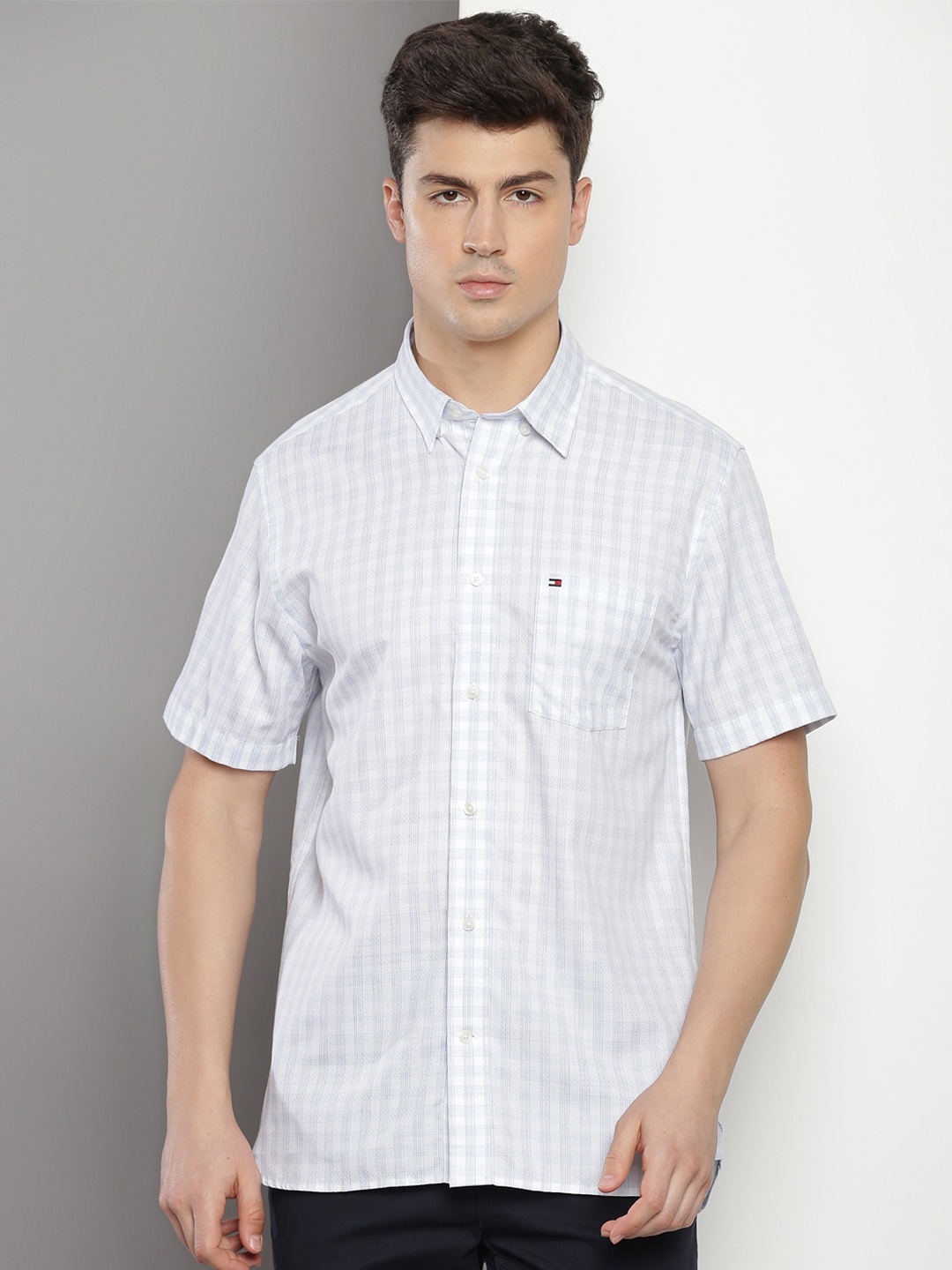 

Tommy Hilfiger Grid Tattersall Checked Pure Cotton Casual Shirt, Blue