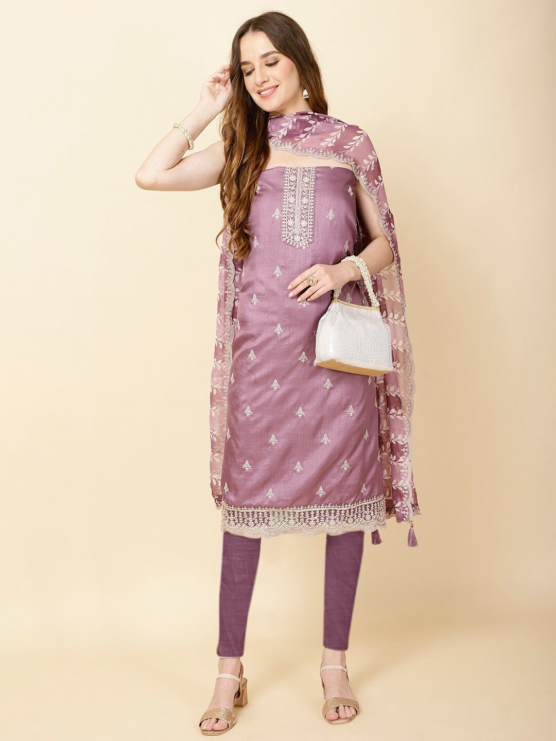 

Meena Bazaar Embroidered Art Silk Unstitched Dress Material, Purple
