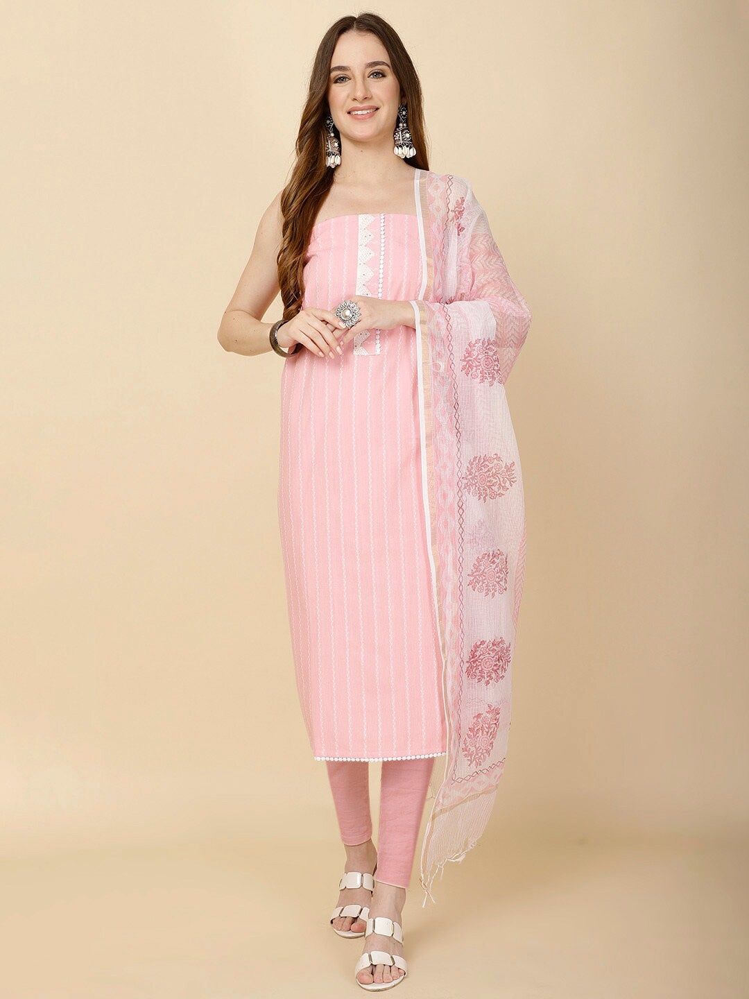 

Meena Bazaar Striped Woven Design Unstitched Dress Material, Pink