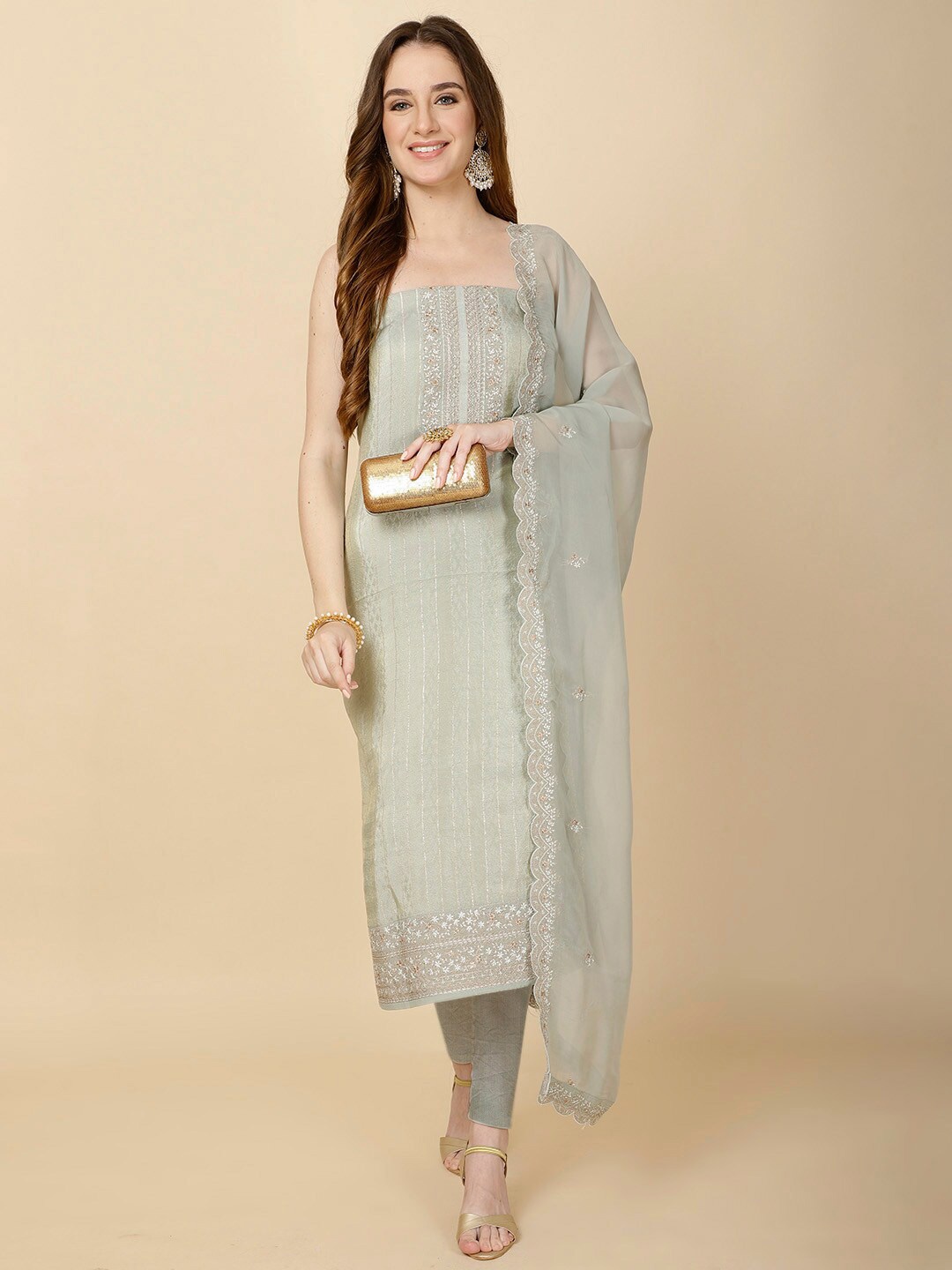 

Meena Bazaar Floral Woven Design Unstitched Dress Material, Sea green