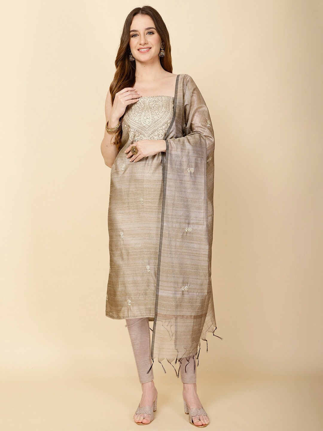 

Meena Bazaar Ethnic Motifs Embroidered Art Silk Unstitched Dress Material, Beige