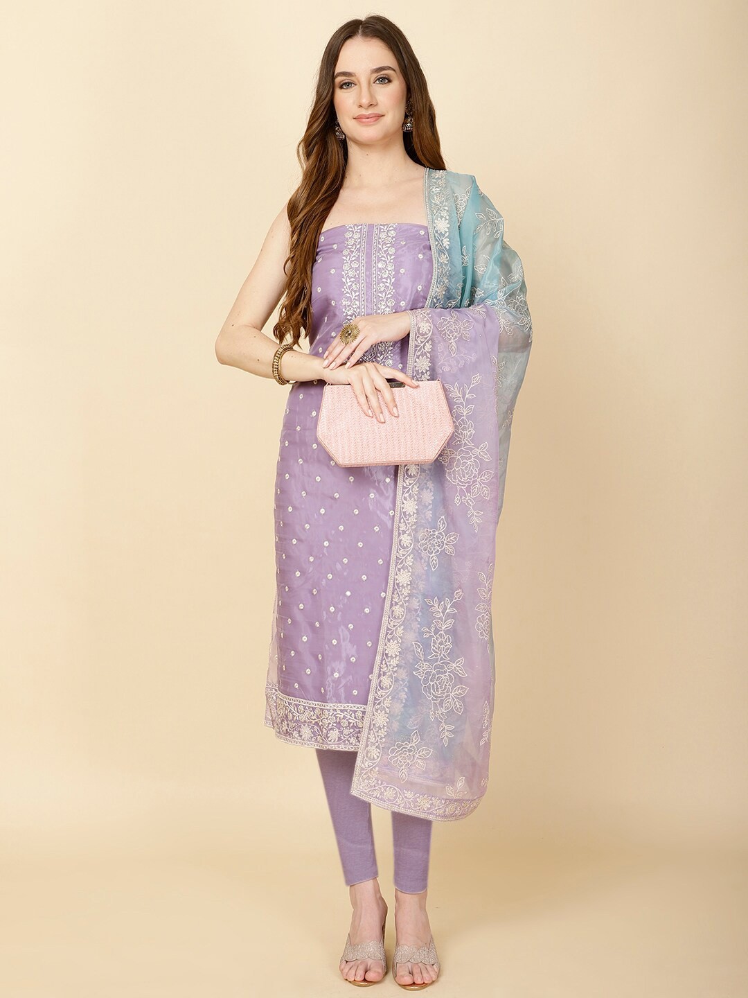 

Meena Bazaar Floral Embroidered Organza Unstitched Dress Material, Purple