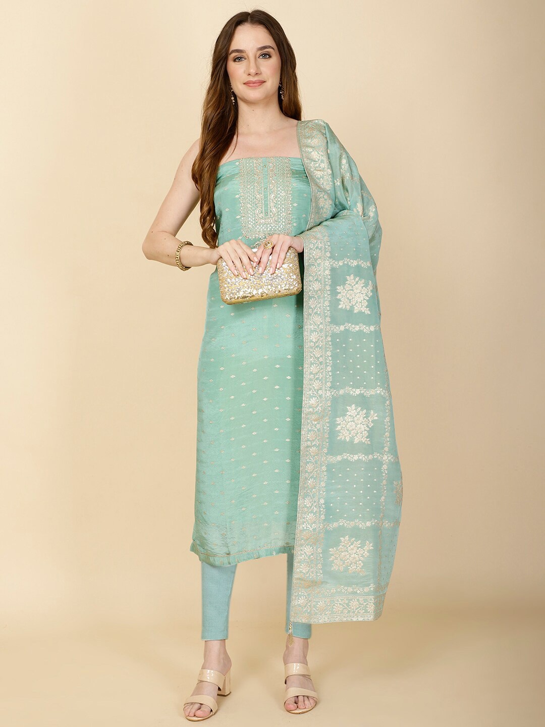 

Meena Bazaar Floral Embroidered Art Silk Unstitched Dress Material, Sea green