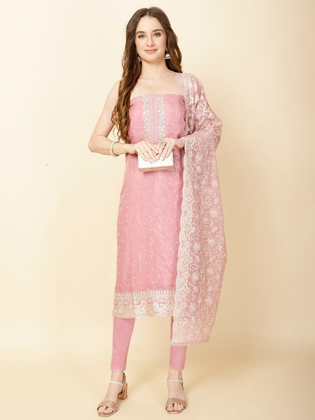 

Meena Bazaar Embroidered Organza Unstitched Dress Material, Pink