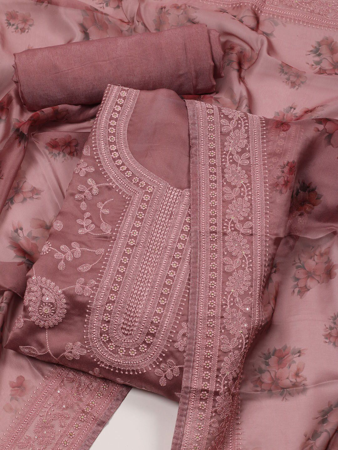 

Meena Bazaar Floral Embroidered Unstitched Dress Material, Pink