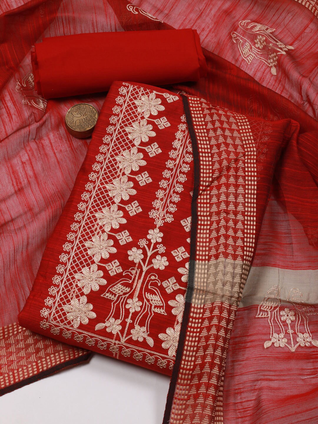 

Meena Bazaar Floral Woven Design Unstitched Dress Material, Red