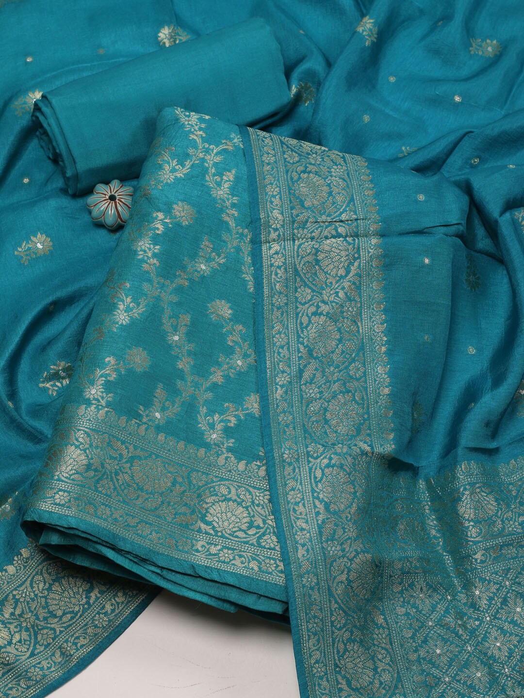 

Meena Bazaar Ethnic Motifs Woven Design Art Silk Unstitched Dress Material, Blue